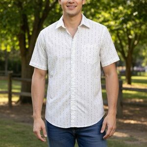 Sonoma White Casual Button Down Shirt Short Sleeves V Geo Print Stretch Cotton
